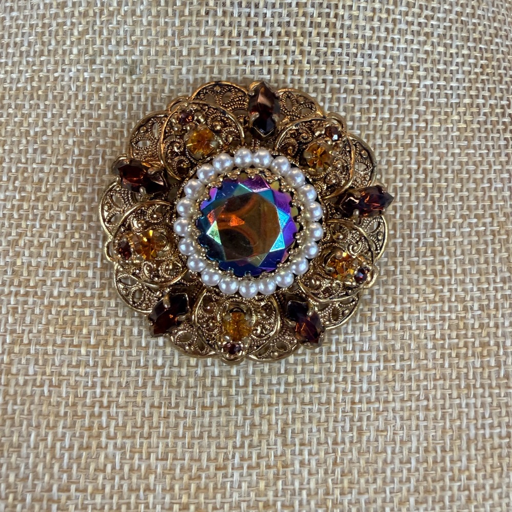 Vintage West Germany Gold and Multicolor Brooch With AB Center Stone